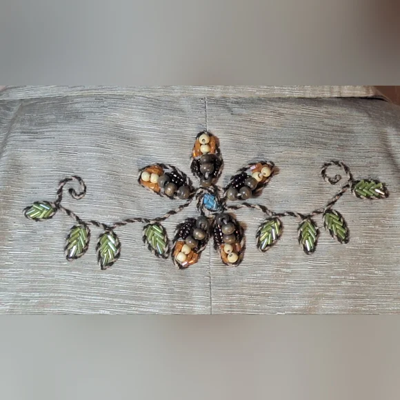 SILK LAND 100% Silk Light Brown Floral Embroidered Blazer - Picture 10 of 11